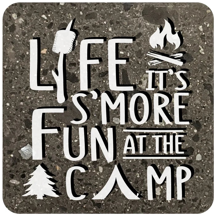 4" Square Black Stone Coaster - Life Its Smore Fun At The Camp, 2 Sets of 4, 8 Pieces - Christmas by Krebs Wholesale