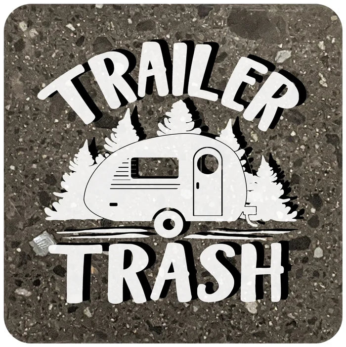 4" Square Black Stone Coaster - Trailer Trash, 2 Sets of 4, 8 Pieces - Christmas by Krebs Wholesale