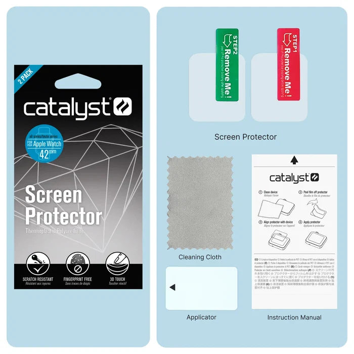 Catalyst Case US 42mm Screen Protector for Apple Watch Series 3/2/1/0: includes two protectors (red and green tabs), gray cleaning cloth, white applicator, and instructions, displayed on a light blue background.