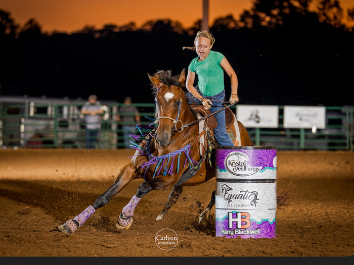 Average horse breast collar mule tape blue and purple with leather tugs