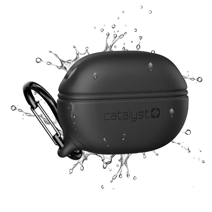 The Catalyst Case US Waterproof Case + Carabiner for Beats Studio Buds / Studio Buds Plus is shown with water splashes, emphasizing its waterproof and MIL-STD-810G drop protection on a plain white background.