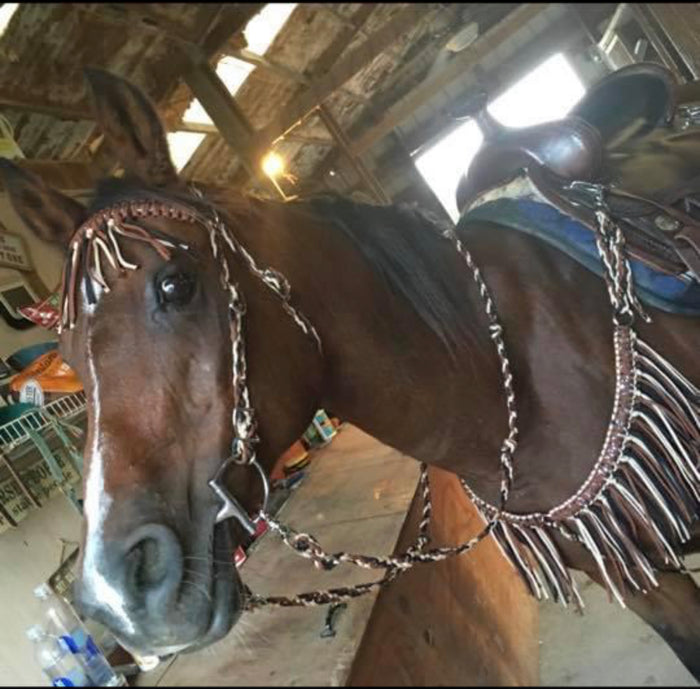 Black brown and tan fringe breast collar with a wither strap - Tiffanys Braided Tack LLC