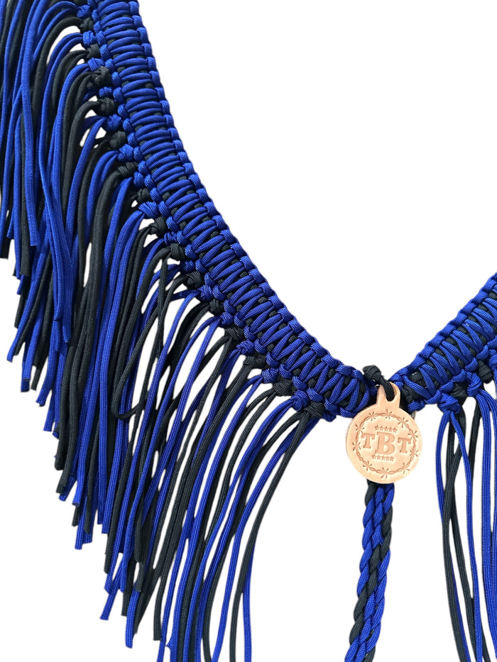Blue and black fringe breast collar with wither strap