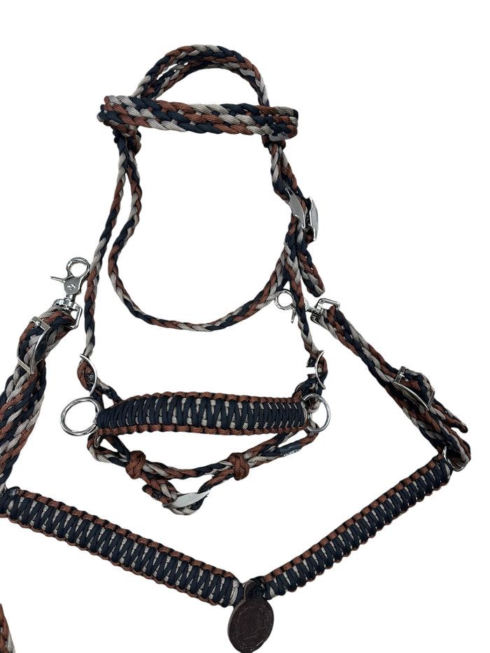 Brown black and tan tack set all sizes , (breast collar, reins, and bitless bridle)