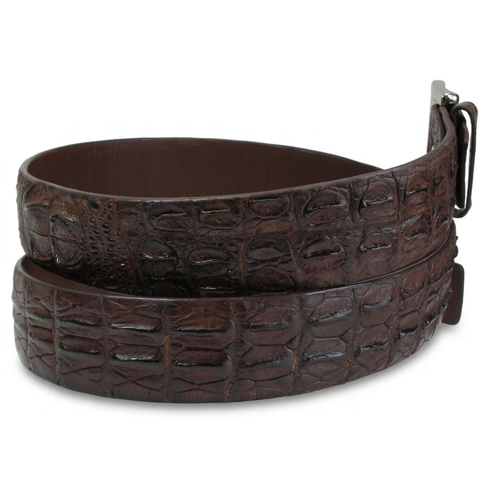 Inside view of the crocodile belt revealing the smooth brown leather lining behind the backbone scales