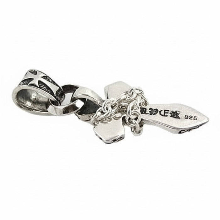 Angled view of sterling silver chained cross pendant showing large decorative bail with cross pattern