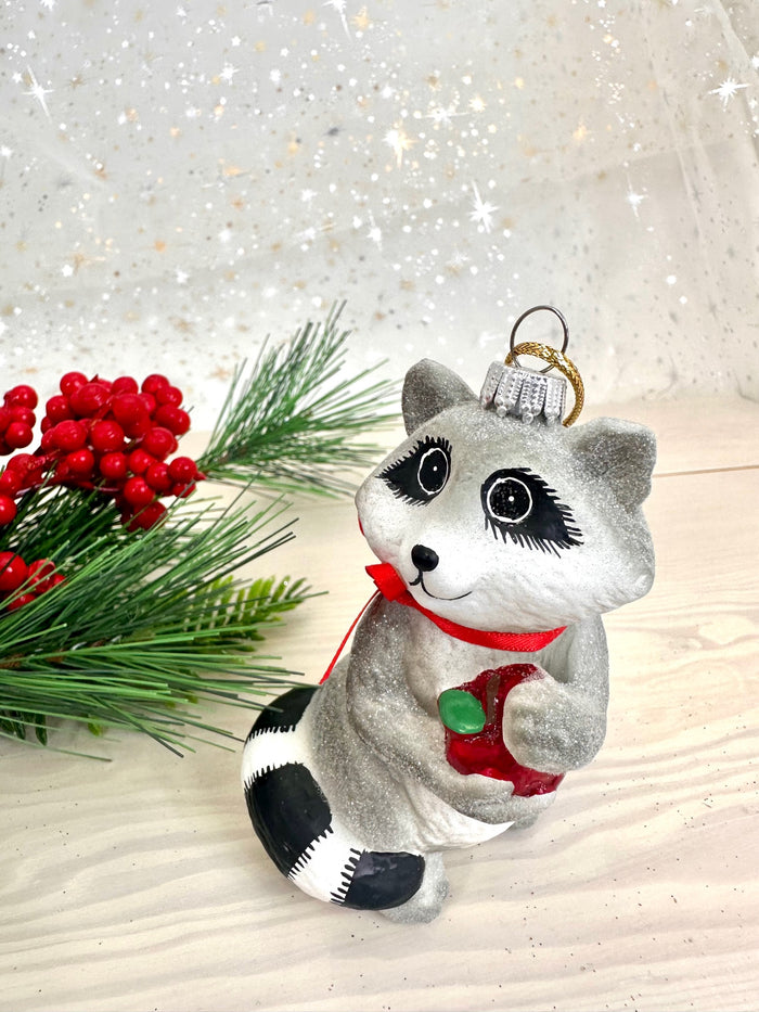 Christmas By Krebs Blown Glass Collectible Tree Ornaments (4" Racoon with Apple)