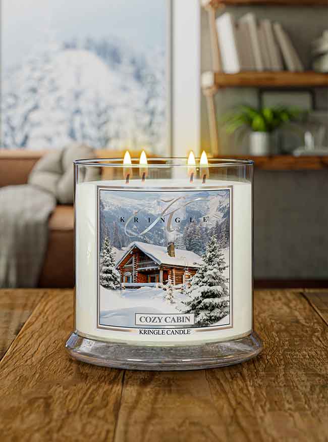 Cozy Cabin Scented 4-wick lit Candle Jar Lifestyle