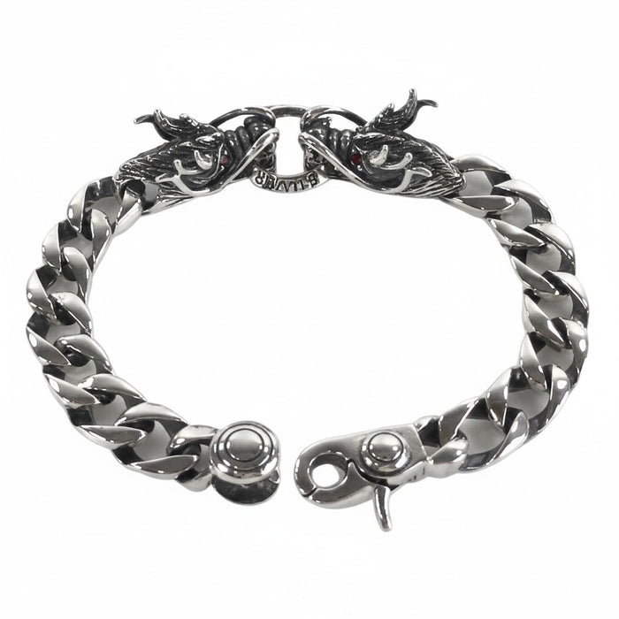 A detailed view of the solid 12mm sterling silver Cuban link chain of the dragon bracelet.