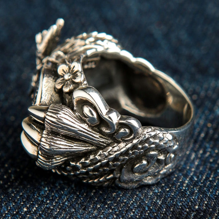 Dragon tail and wave details on handcrafted 925 sterling silver ring