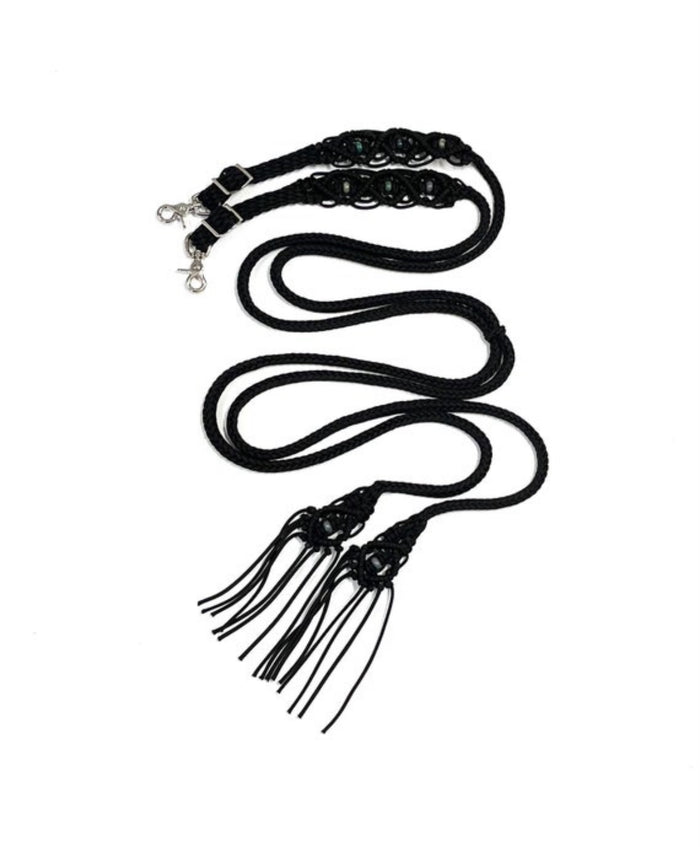 Fancy braided split reins in black with genuine Indian agate gemstones...beautiful yet practical - Tiffanys Braided Tack LLC