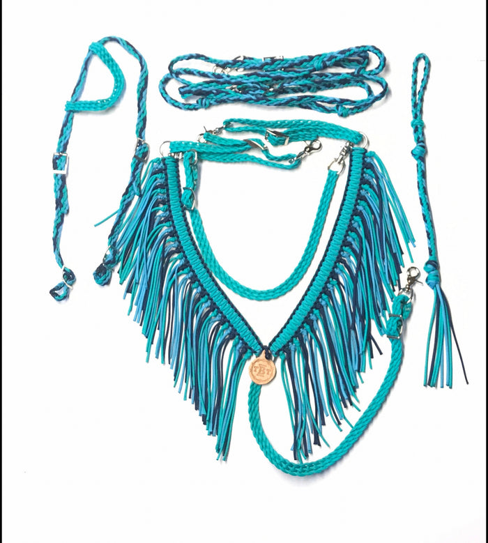 Fringe Breast Collar tack set Neon Turquoise, green turquoise and midnight blue