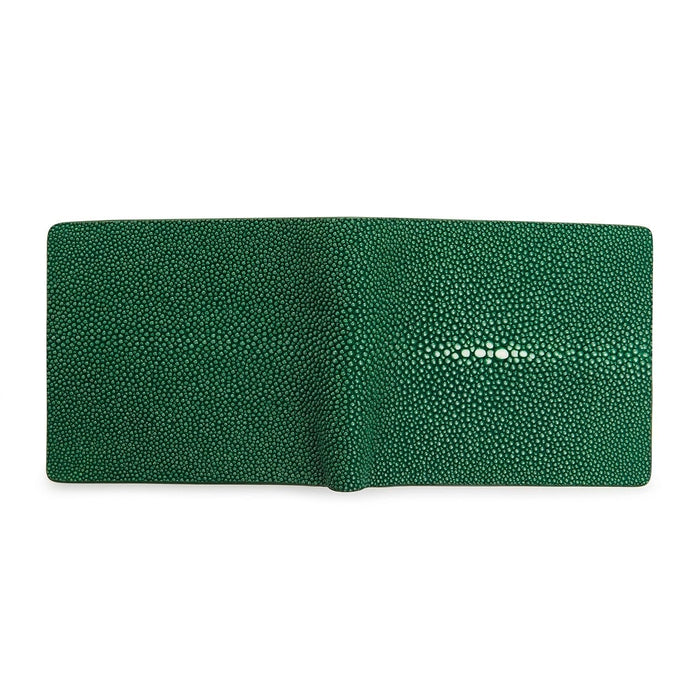 A fully opened view of the green bifold wallet, showing the fine stitching and polished stingray skin.