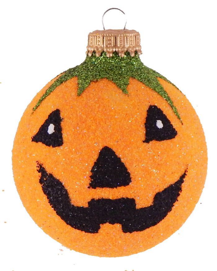 Halloween Tree Ornaments - 67mm/2.625" Decorated Glass Balls from Christmas by Krebs - Handmade Seamless Hanging Holiday Decorations for Trees - Set of 4 (Orange Glitter Jack-O-Lantern)