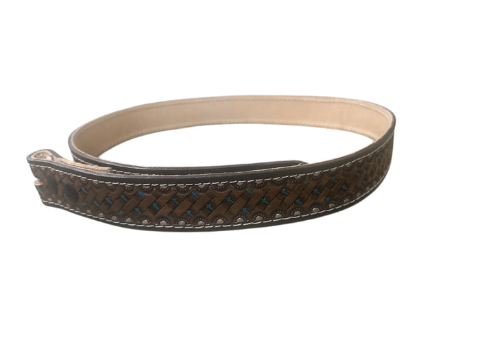 Hand tooled leather belt basket weave with cross
