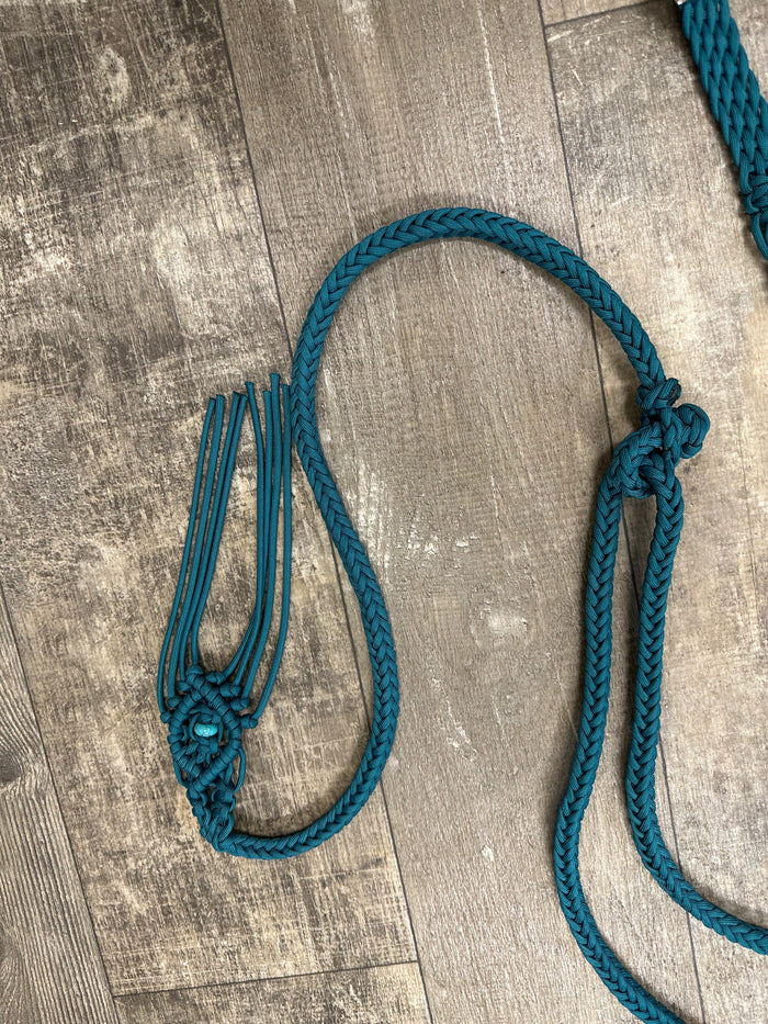 8' Fancy braided beaded teal loop reins with turquoise howlite and a romal. - Tiffanys Braided Tack LLC