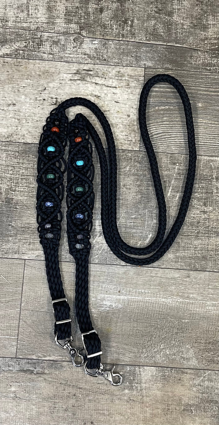 7 chakra reins….8' Fancy braided beaded black loop reins with crystals for the 7 Chakras.