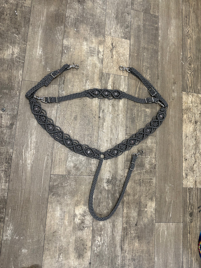 Gemstone fancy macrame breast collar with matching bridle, wither strap, and barrel reins