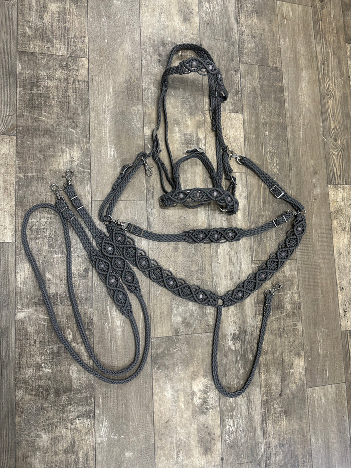 Gemstone fancy macrame breast collar with matching bridle, wither strap, and barrel reins