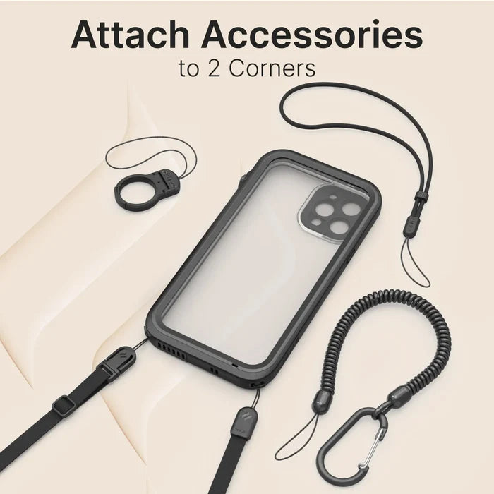 A Catalyst Case US iPhone 12 Pro Waterproof Case with a black border is on a beige surface, surrounded by black accessories—a ring, lanyard, spiral wrist strap, and carabiner clip. Text above says: “Attach Accessories to 2 Corners.”.