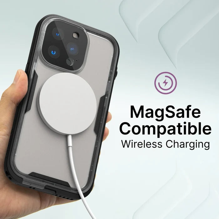 A hand holds an iPhone 13 Pro in a Catalyst Case US Total Protection Waterproof Case, with a MagSafe wireless charger attached. On the right, text reads “MagSafe Compatible Wireless Charging” under a purple lightning bolt icon.