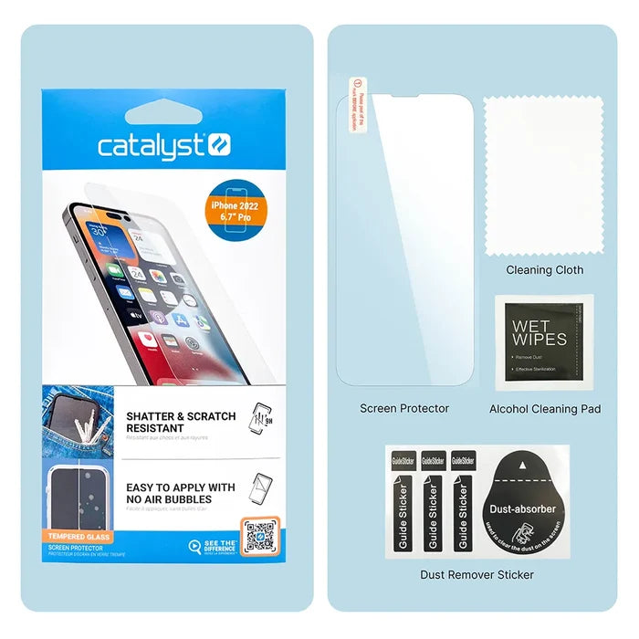 The Catalyst Case US iPhone 14 Plus Tempered Glass Screen Protector kit includes packaging, a clear glass protector, white cleaning cloth, alcohol pad, three guide stickers, and a dust absorber sticker—neatly arranged for easy application.