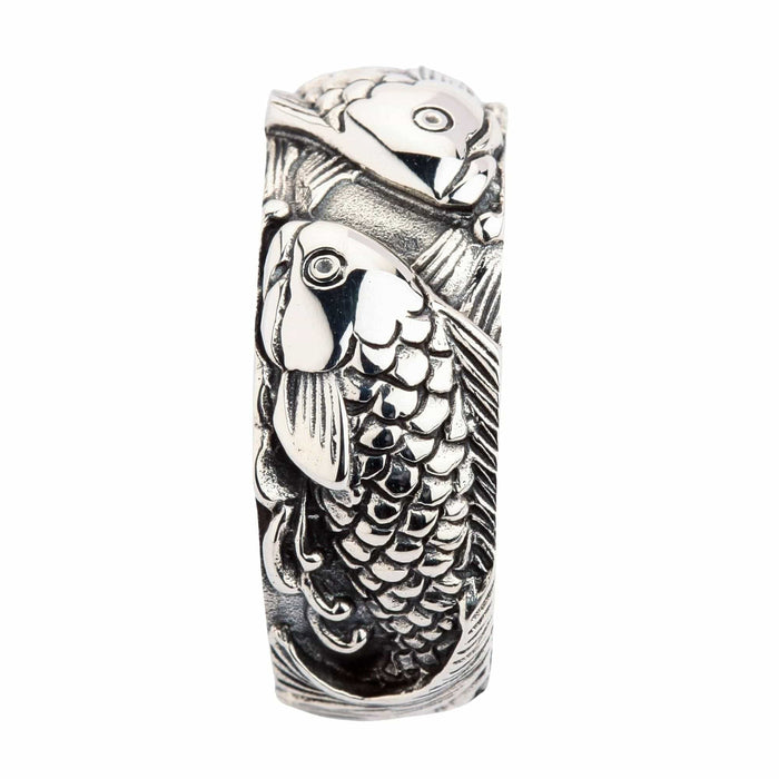 The sterling silver koi ring shown as a unique and meaningful wedding band, highlighting its polished finish.
