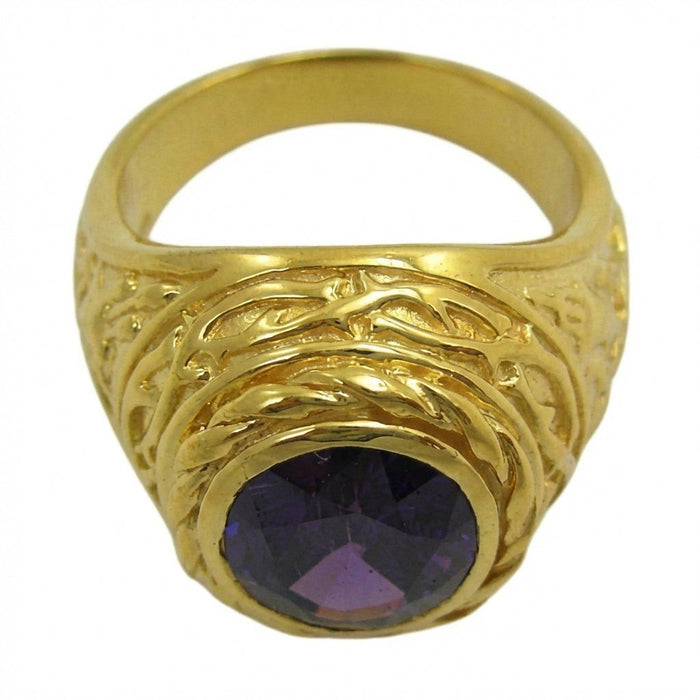 Upright view contrasting the smooth inner gold band with the intricate curled petal texture surrounding the dark amethyst.