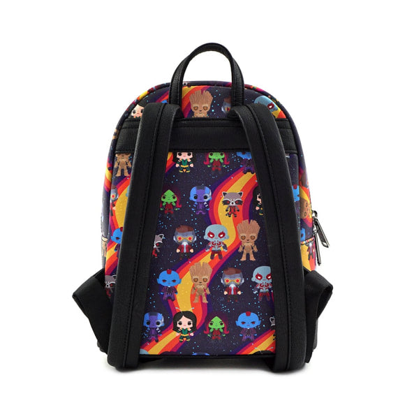 Backpack with colorful character pattern on a white background