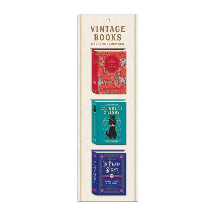 A pack of three magnetic bookmarks with vintage-style designs in red, blue, and black, labeled as 'Vintage Books' by Galison.