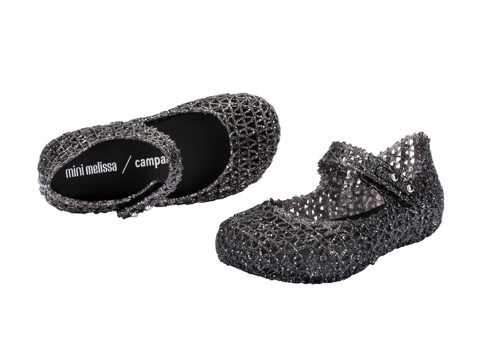 Mini Melissa Campana Papel StylIsh Glitter Black Ballerinas For Baby
