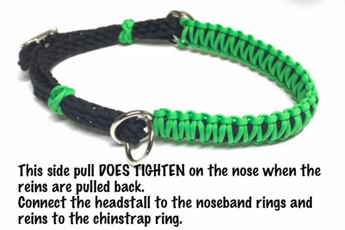 Neon green side pull hackamore bitless attachment “with a whoa”.... with black or brown chinstrap...all sizes