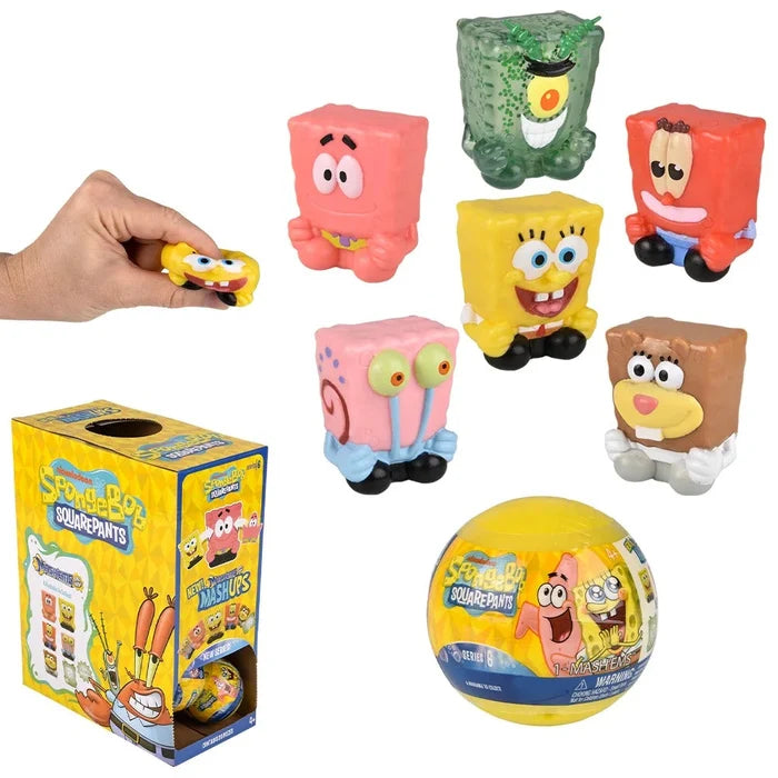 SpongeBob SquarePants toys including figures and a ball with packaging on a white background