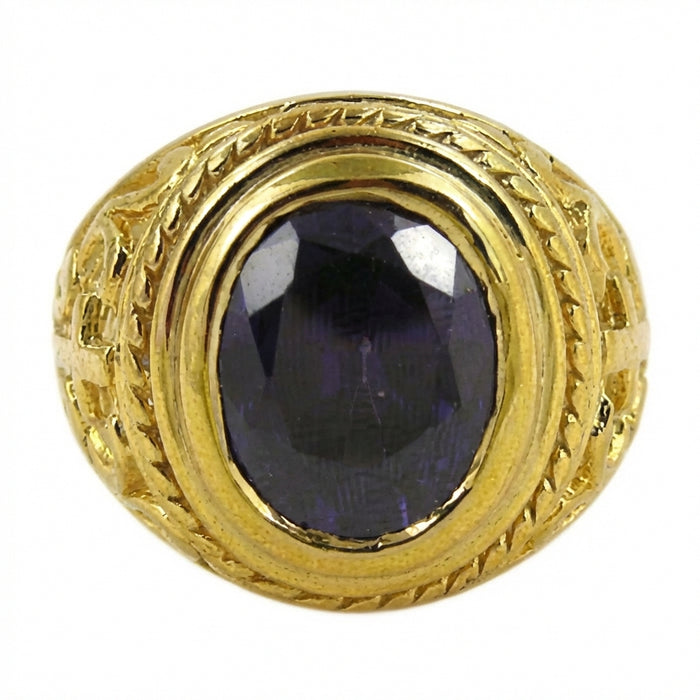 Back band detail of ornate yellow gold cross bishop ring with amethyst, showing inner shank finish