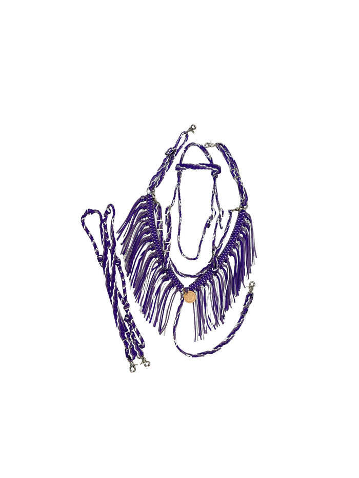 Purple horse tack set, (fringe breast collar, wither strap, reins, and bridle)