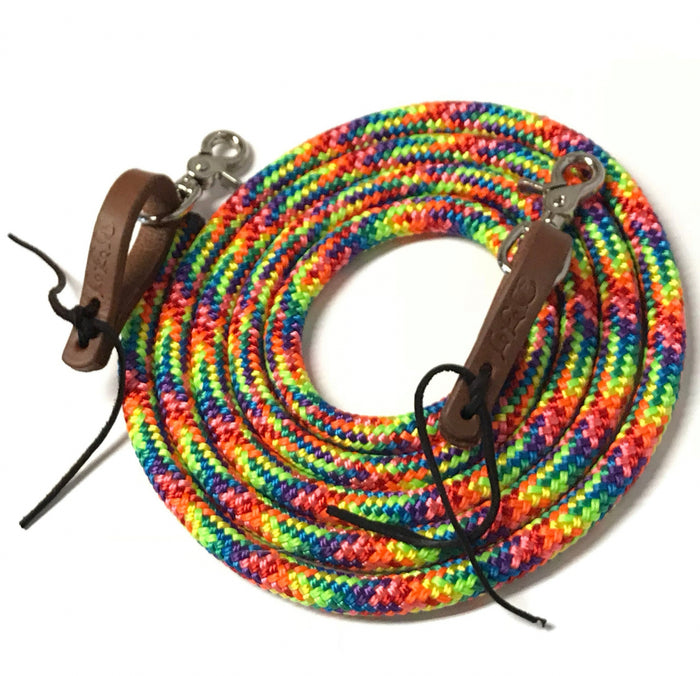 Rainbow Yacht rope reins with brown or black leather water loops teal - Tiffanys Braided Tack LLC