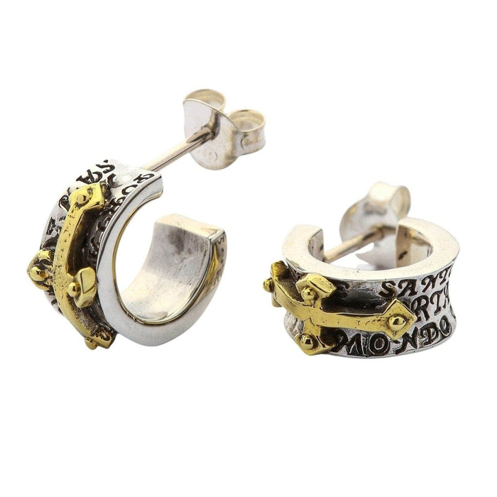 Handcrafted men's sterling silver cross earrings angled view showing two-tone design and texture