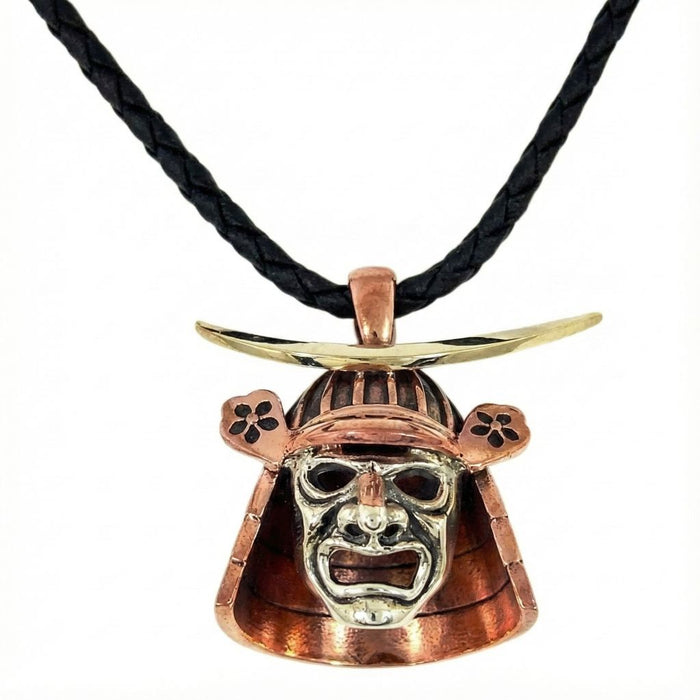 Samurai pendant attached to 22-inch braided leather necklace