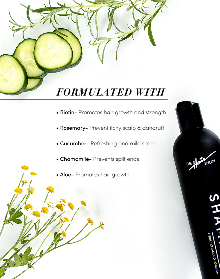 formulated with, Biotin- promotes hair growth and strength. Rosemary- prevent itchy scalp & dandruff. Cucumber- refreshing and mild scent. Chamomile-prevents split ends. Aloe-promotes hair growth.
