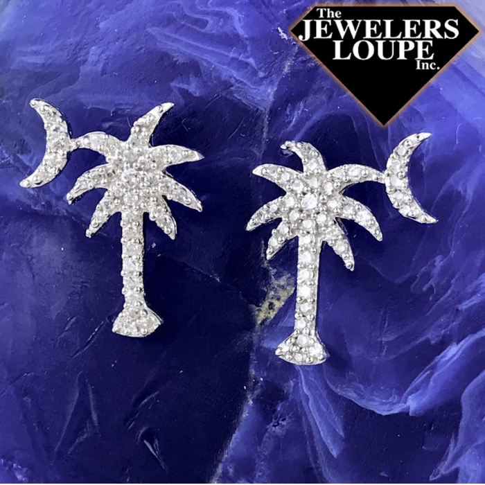Sterling Silver and Cubic Zirconia Palmetto Tree and Moon Stud Earrings
