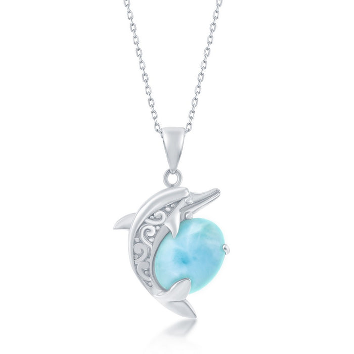 Oval Cabachon Larimar with Designed Dolphin Pendant in Sterling Silver with 18" Chain.