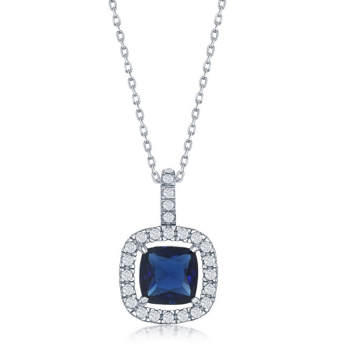 Sterling Silver Genuine Sapphire Corundum and White CZ Micro Pave Square Stud Halo Pendant with 18" Sterling Silver Chain.