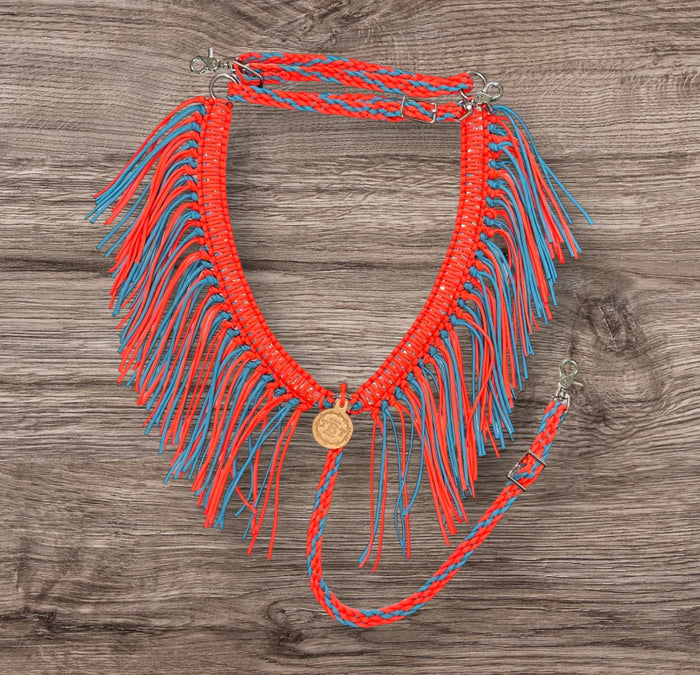 Turquoise and orange fringe breast collar...all sizes. - Tiffanys Braided Tack LLC