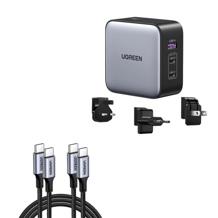 UGREEN 65W iPhone charger with a sleek design in silver and black, featuring multiple ports. Accompanied by three interchangeable plug adapters and four UGREEN USB-C cables with braided cords.