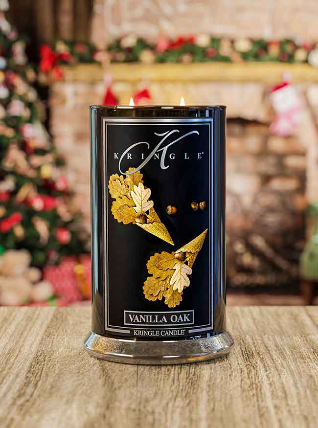 Large Vanilla Oak Scented Reserve Collection Lit Candle in home holiday setting - Kringle Candle Company