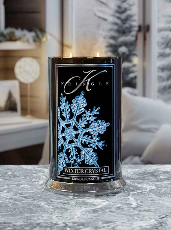 Large Winter Crystal Reserve Collection Lit Candle in home lifestyle winter setting - Kringle Candle Company
