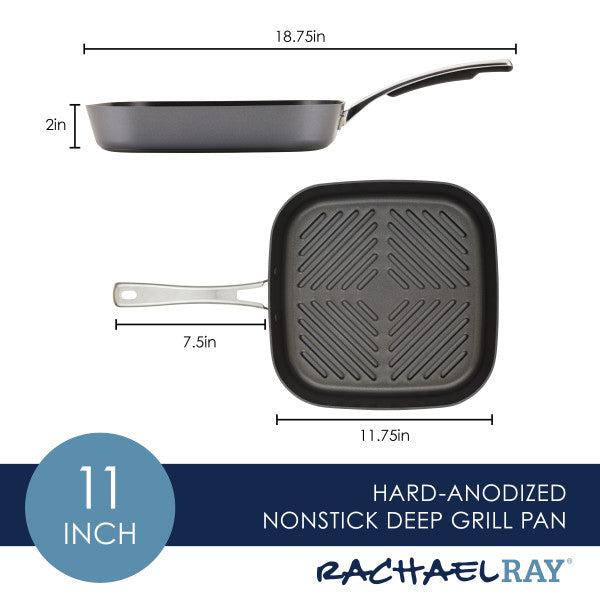 The 11-Inch Cook + Create Hard Anodized Nonstick Deep Grill Pan is illustrated with detailed dimensions.