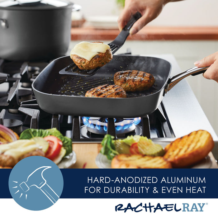 Using the 11-Inch Cook + Create Hard Anodized Nonstick Deep Grill Pan, the person expertly flips burgers on the stovetop.