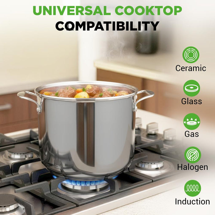 12-Quart Stock Pot, Even Heat, Stainless Steel, Tempered Glass Lid