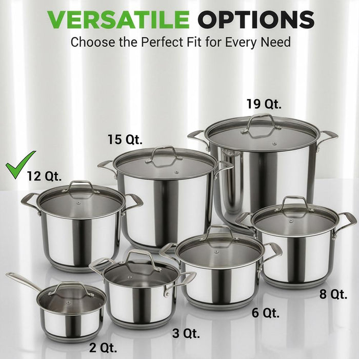 12-Quart Stock Pot, Even Heat, Stainless Steel, Tempered Glass Lid
